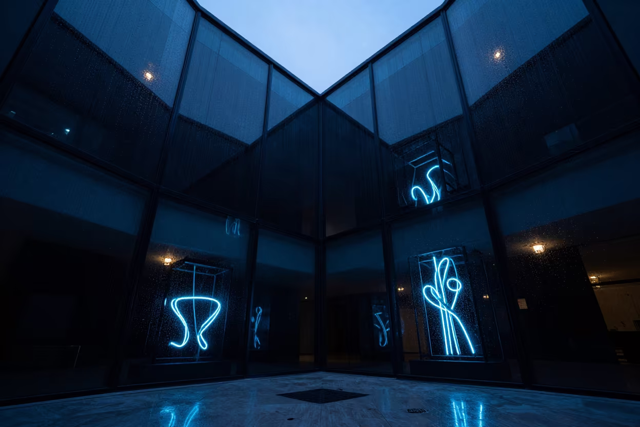 Neon Reflections on Wet Glass in Callao Atrium in inside a vaulted atrium in Callao