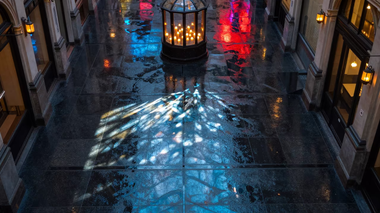 Neon Reflections on Wet Glass in Melbourne Arcade in inside a glass-roofed arcade near Melbourne