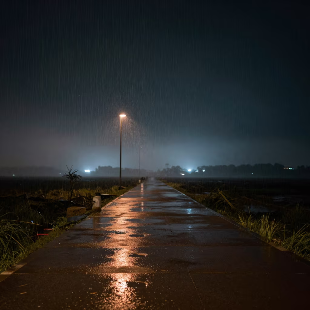 Neon reflections on wet Nepal sidewalk in through low marine fog in Nepal