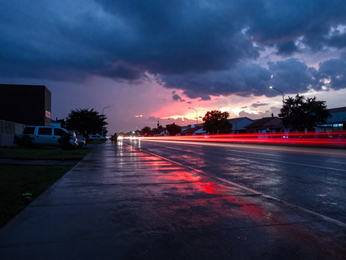 Neon Reflections on Wet Sidewalk Benin Sunset in over a horizon of stacked thunderheads in Benin