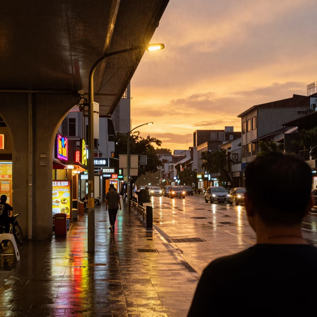 Neon Reflections on Wet Tainan Pavement in beneath a flickering underpass light in Tainan