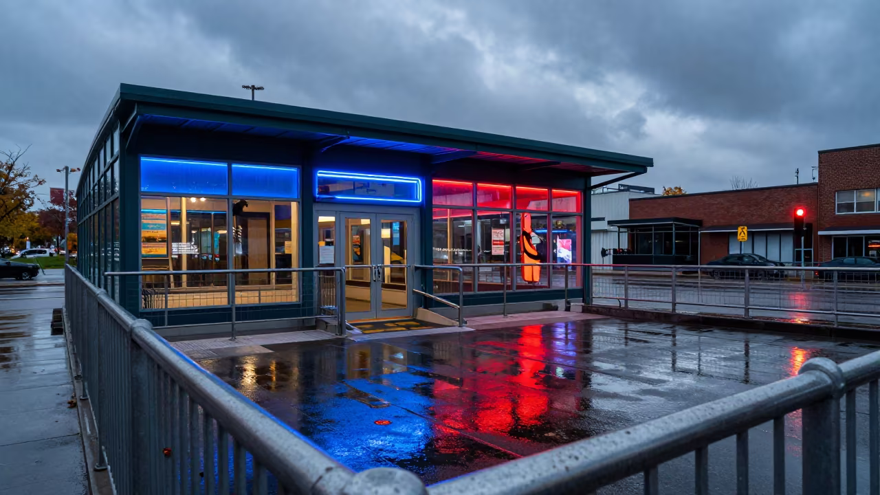 Neon Reflections on Wet Toronto Asphalt in outside a metro entrance in Toronto