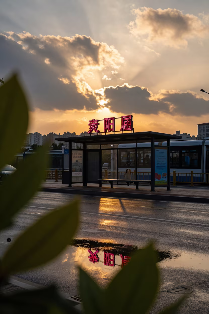 Neon Rooftop Sign Reflected in Puddle at Guiyang Tram Stop in at a tram stop in Guiyang