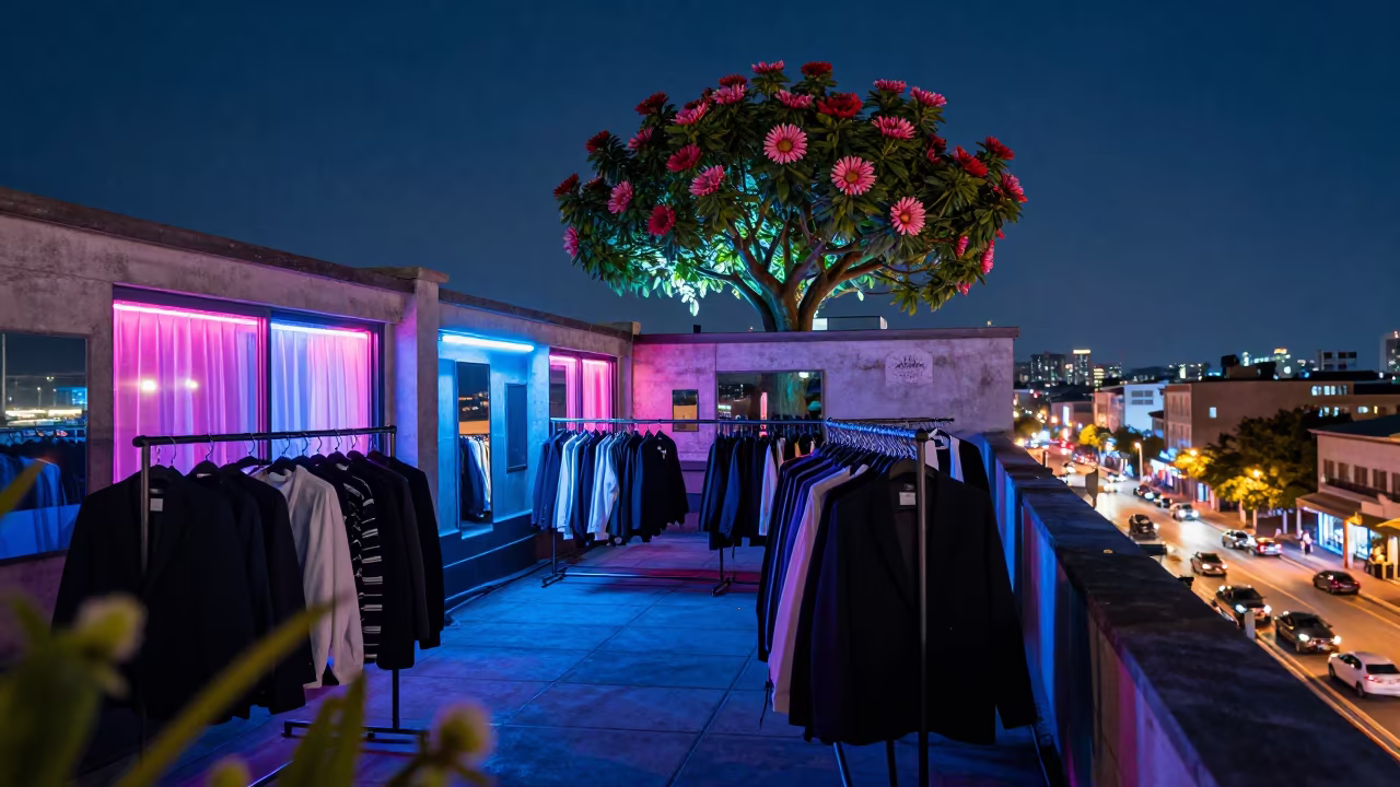 Neon Rooftop Streetwear After Rain Surreal in on a rooftop above evening traffic in Dolisie