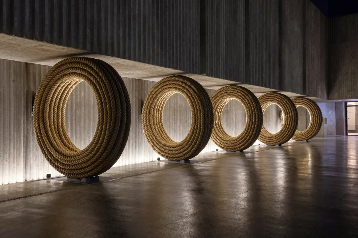 Neon Rope Coils in Antwerp Concrete Lobby in inside a ribbed concrete lobby in Antwerp
