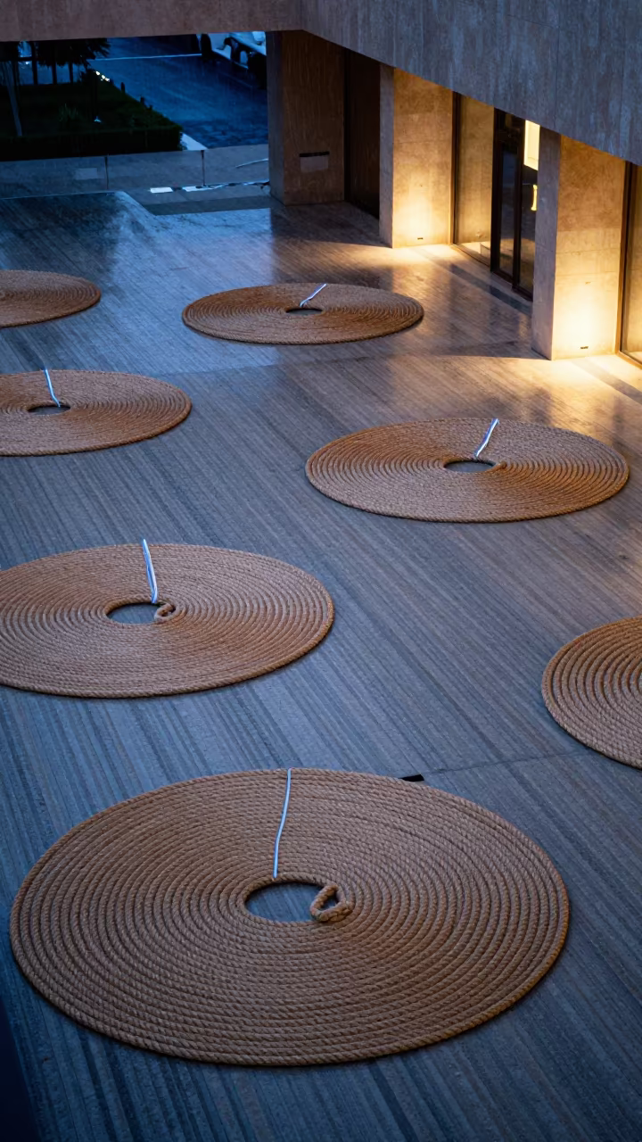 Neon Rope Coils Ribbed Concrete Lobby in inside a ribbed concrete lobby near Nasiriyah