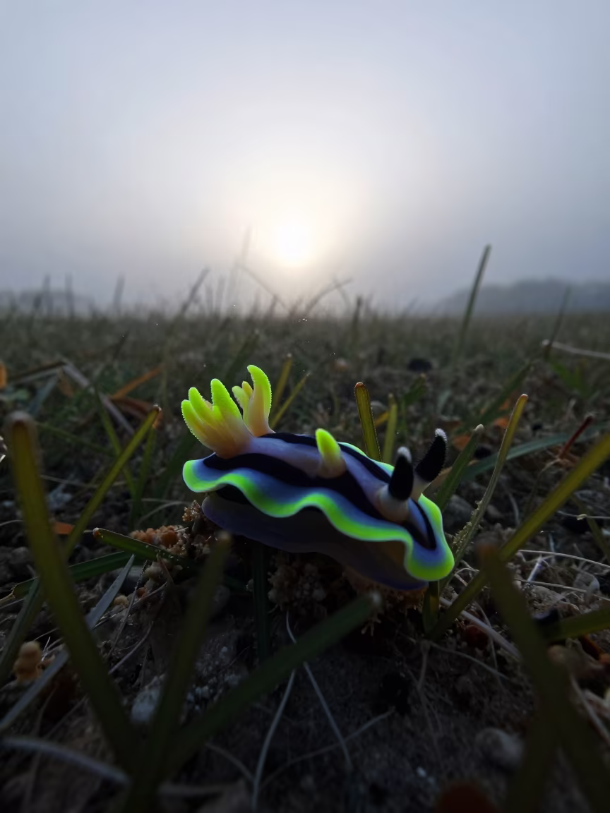 Neon Sea Slug Silhouette Over Osaka Seagrass in above a seagrass meadow near Osaka