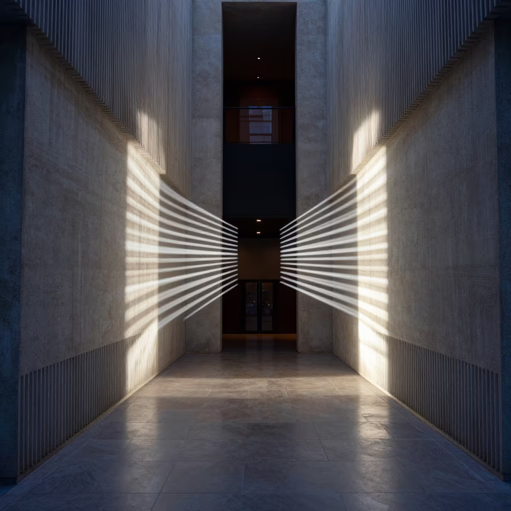 Neon Shadow Bands on Ribbed Concrete Lobby in inside a ribbed concrete lobby in Oberkampf, Paris