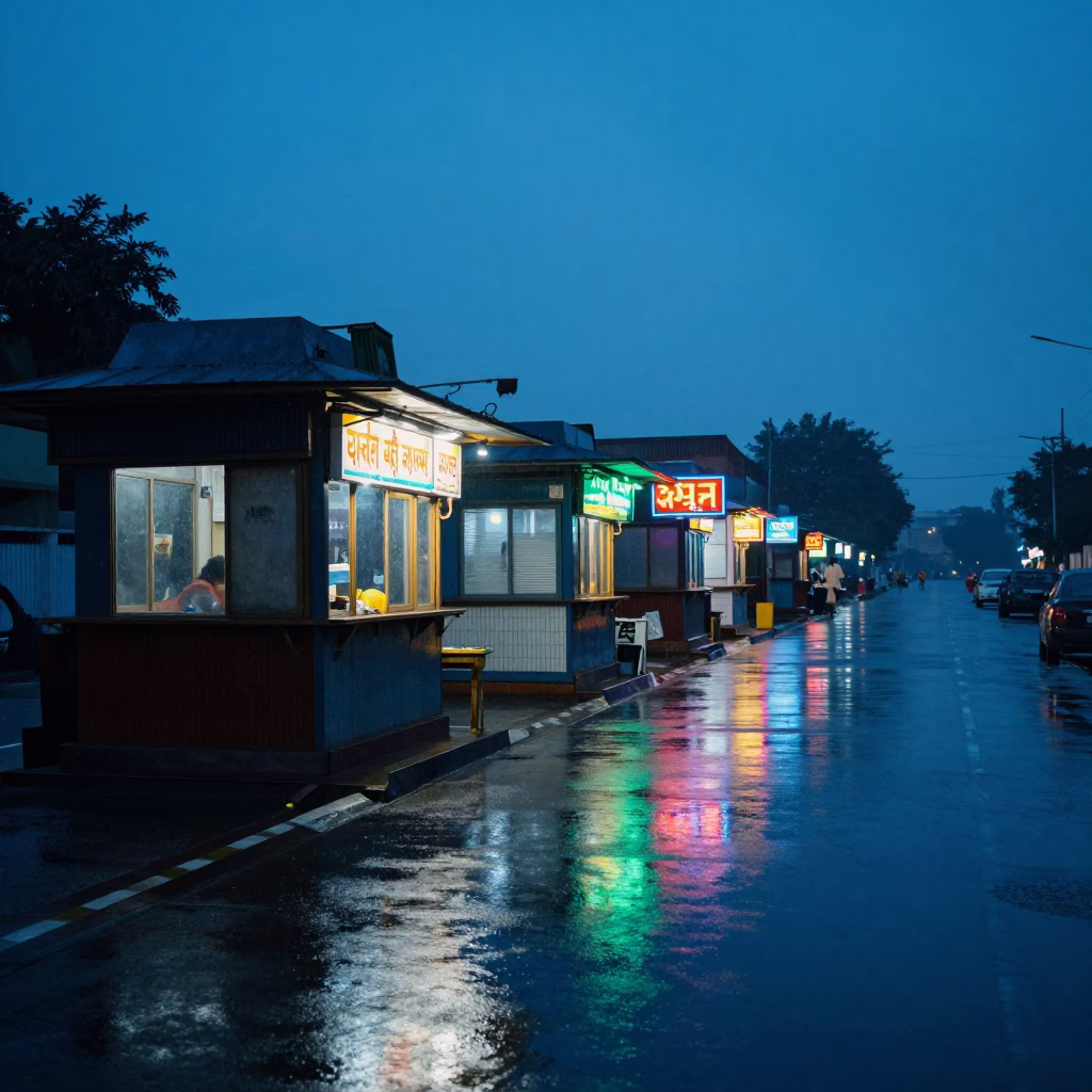 Neon Shadows on Wet Hyderabad Pavement in by a rain-darkened kiosk in Hyderabad