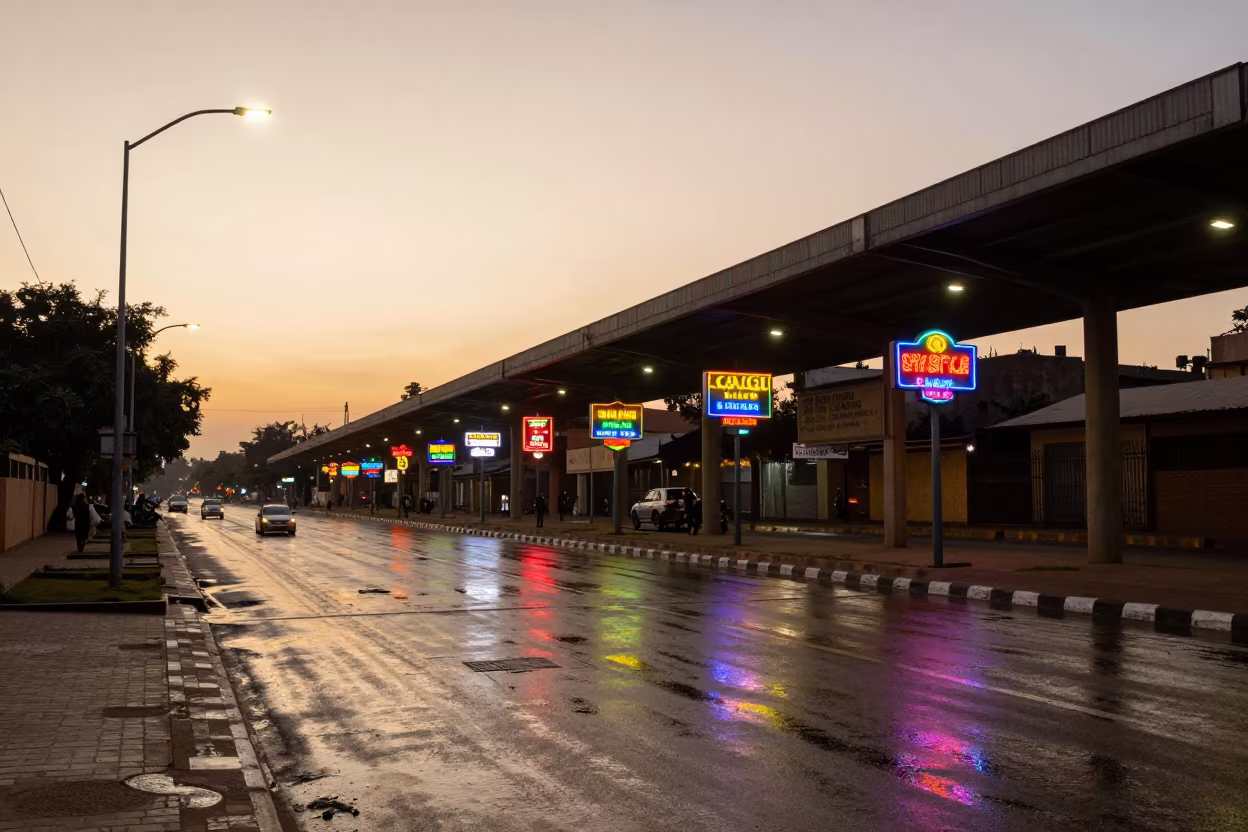 Neon Shadows on Wet Khartoum Pavement in beneath a flickering underpass light in Khartoum