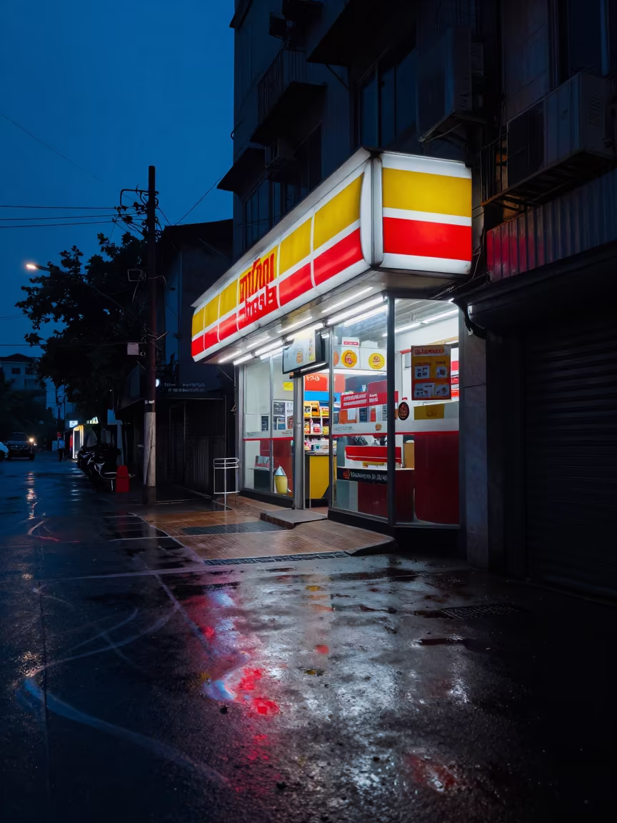 Neon Shadows on Wet Mumbai Pavement in outside a fluorescent convenience store in Mumbai