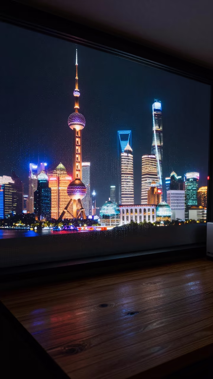 Neon Shanghai Bund Skyline Reflection on Wood in on a wooden workbench near Bathinda