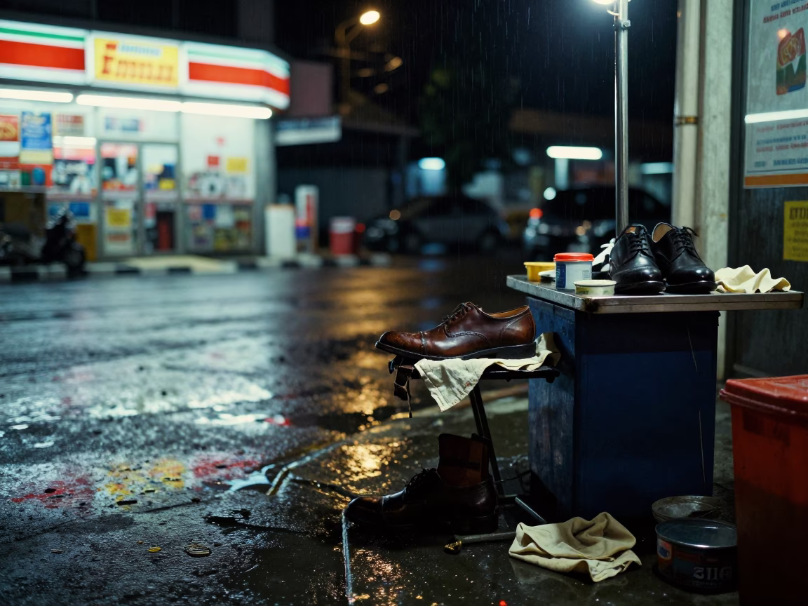 Neon Shoe Shine Wet Pavement Bandar Lampung Night in outside a fluorescent convenience store in Bandar Lampung