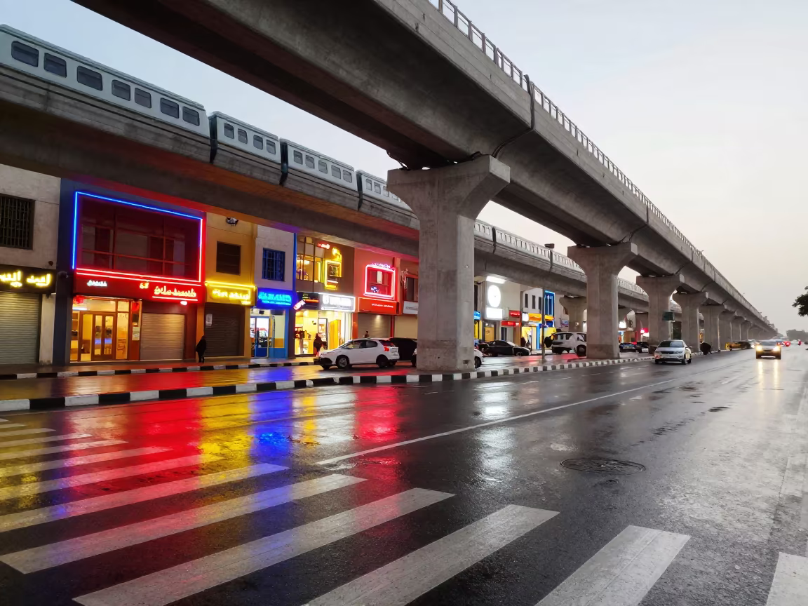 Neon Shop Reflections on Wet Crosswalk in under an elevated train line in Salalah