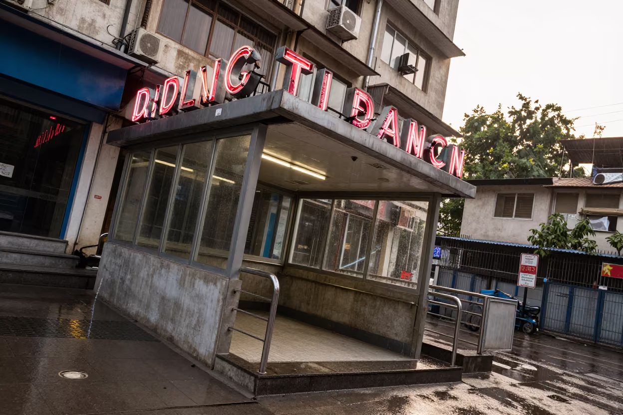 Neon Sign Decay Above Ranchi Metro Exit in outside a metro entrance in Ranchi
