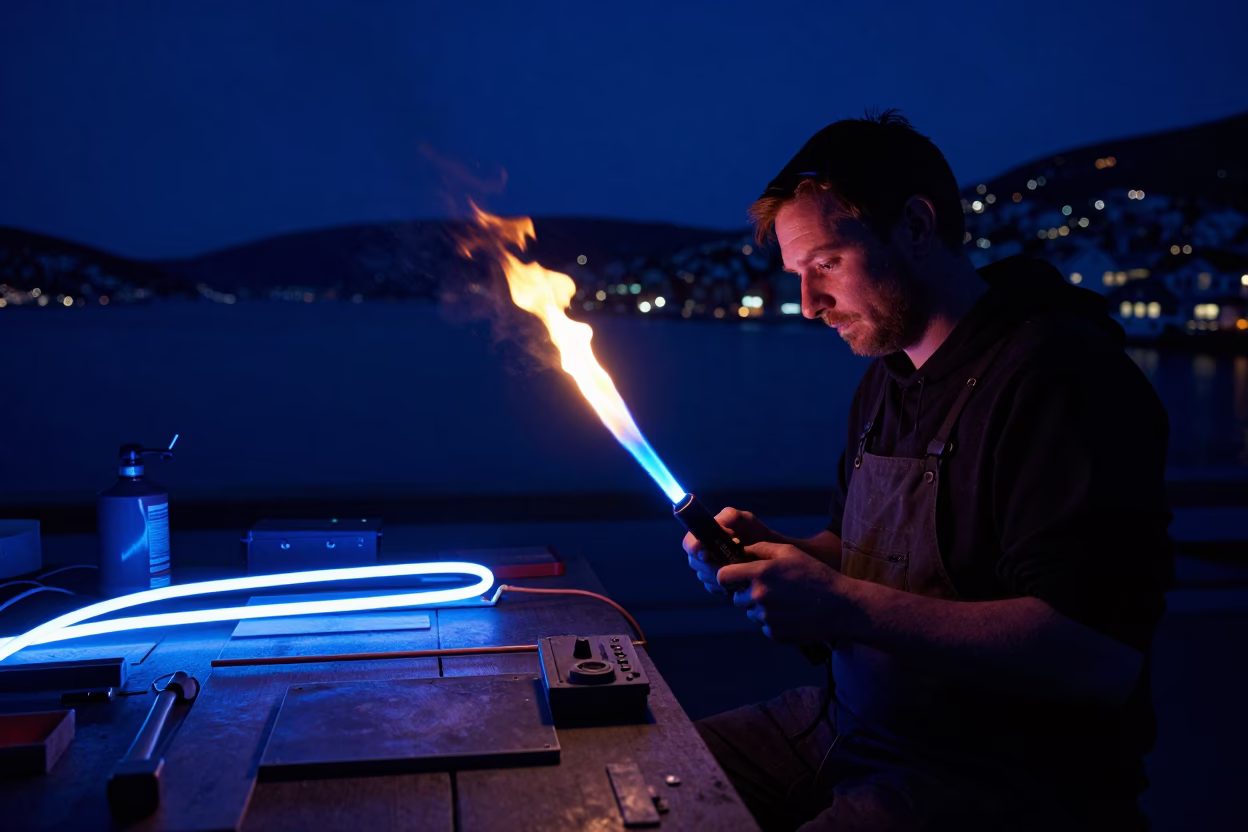 Neon Sign Maker Bending Glass Tubes with Flame in Bergen Norway Night in in Bergen, Norway