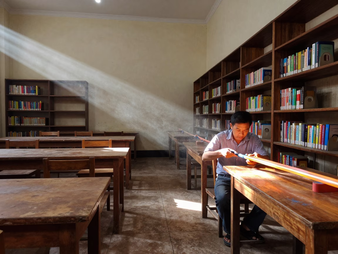 Neon Sign Maker Bends Glass in Can Tho Library in in a library reading room in Can Tho