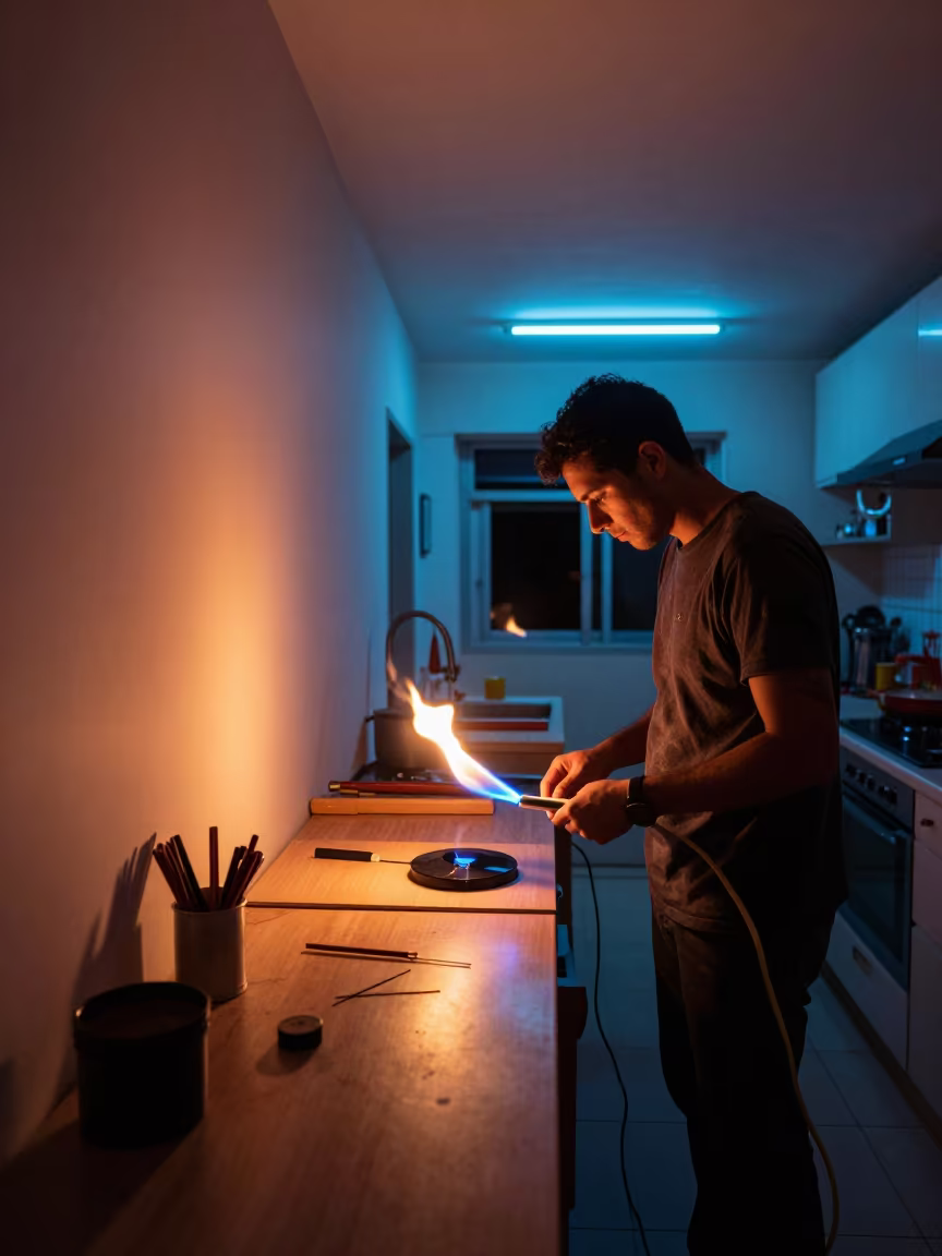 Neon Sign Maker Bends Glass in Kitchen in in a kitchen in Barbacena