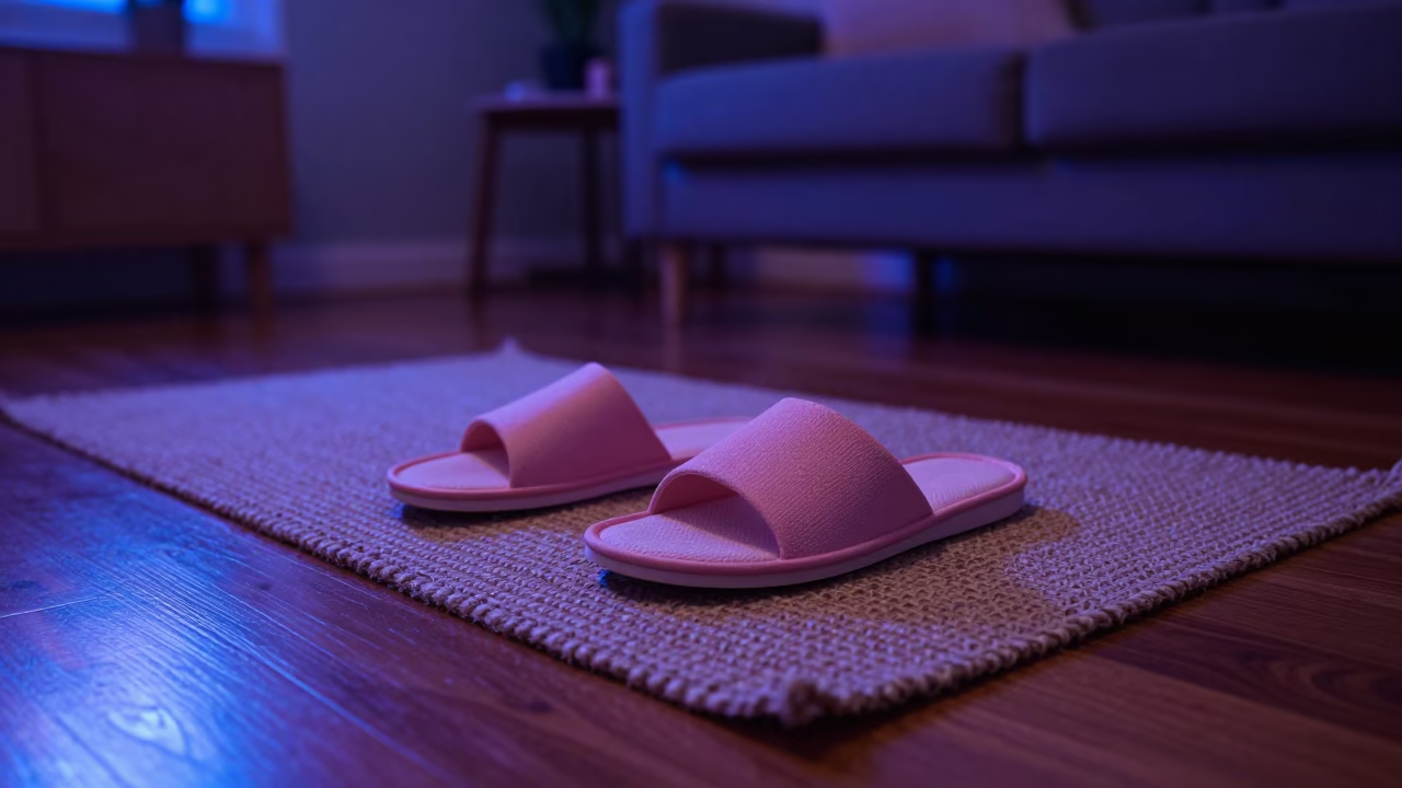 Neon Slippers on Hearth Mat Midnight in in a sunlit living room in Villahermosa