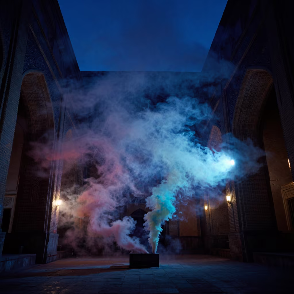 Neon Smoke Colliding in Ghazni Vaulted Atrium in inside a vaulted atrium in Ghazni