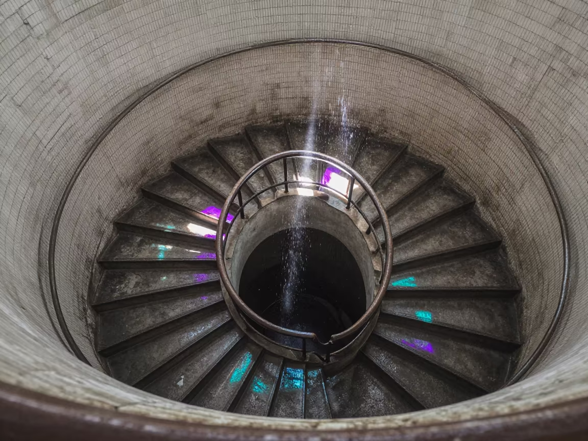 Neon Spiral Staircase in Tai O Hong Kong in inside a tiled stair hall in Tai O, Hong Kong