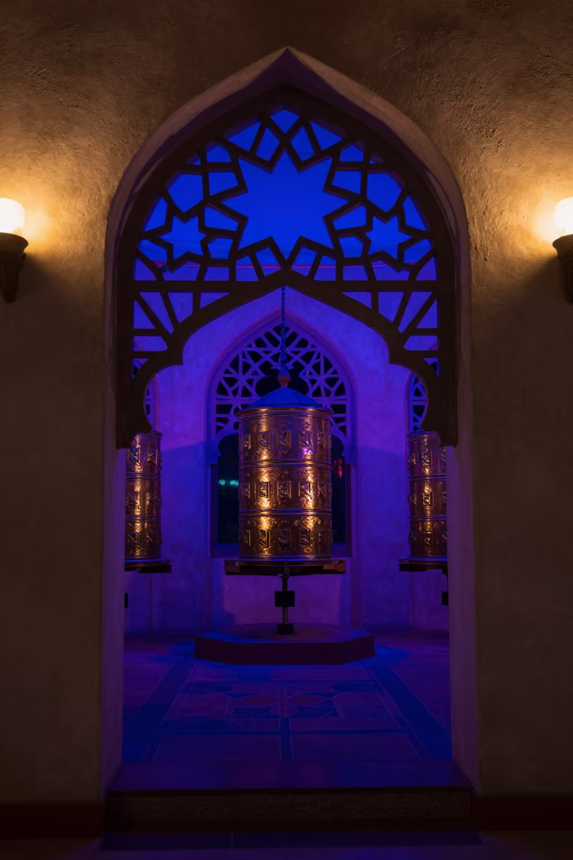 Neon Star Patterns on Tucson Mosque Screen in beside a prayer wheel corridor in Tucson