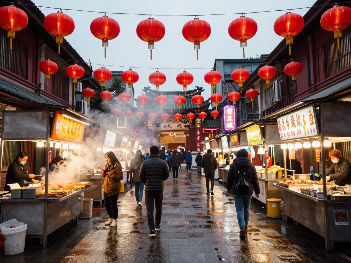 Neon Steam Night Market Taipei Shrine Wanhua in in a shrine lined with lanterns in Wanhua, Taipei