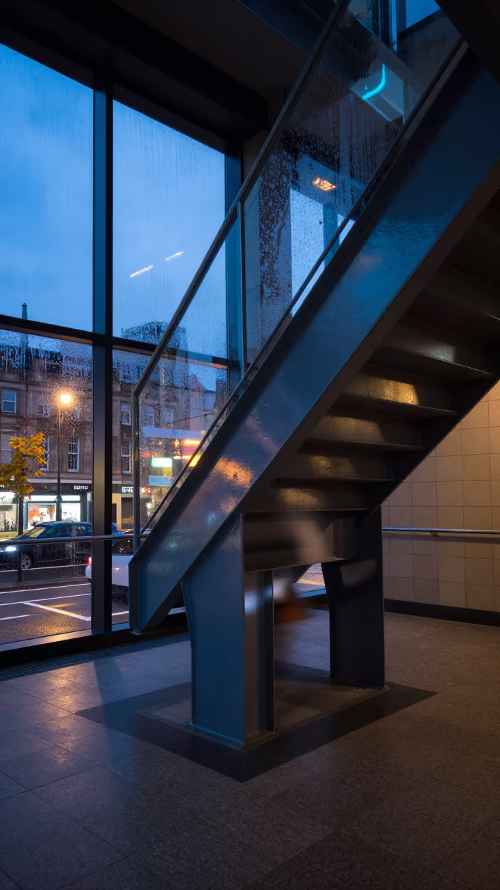 Neon Steel Geometry in Predawn Tiled Hall in inside a tiled stair hall near Newcastle