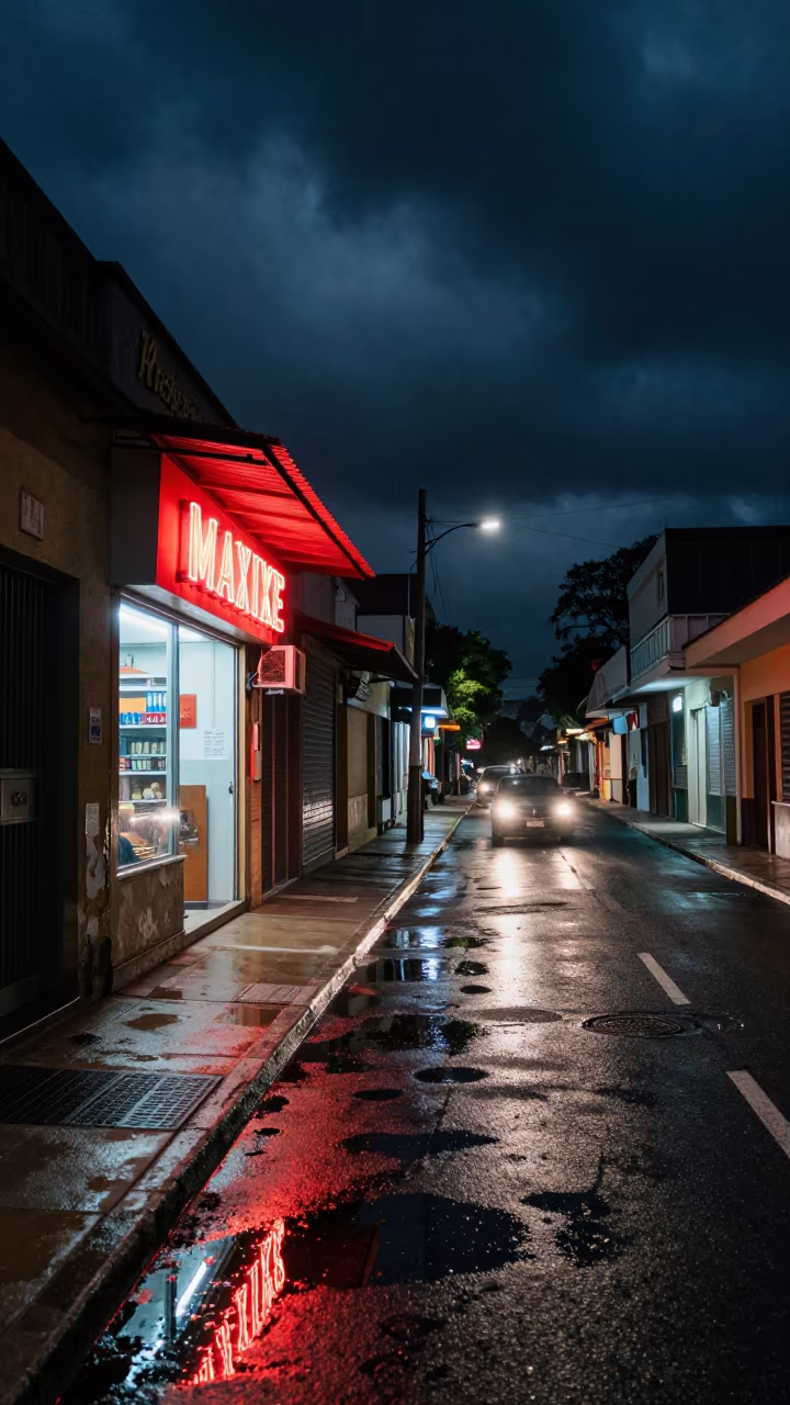 Neon Storefront Night Maxixe Street in along a market-lined side street in Maxixe