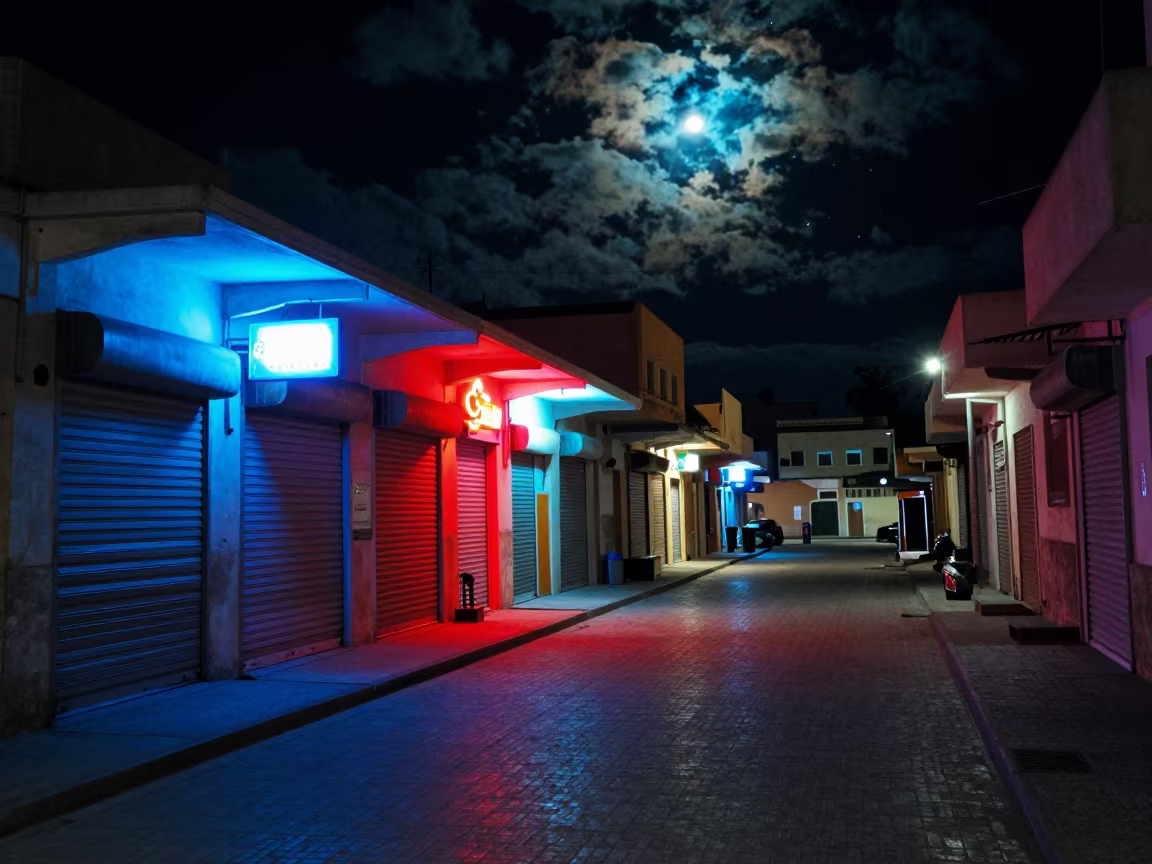 Neon Storefront Night Safi Arcade in along a shuttered arcade in Safi