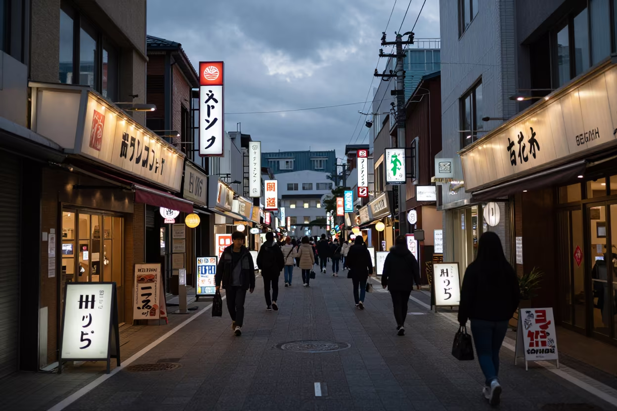 Neon storefront Toyama night market street in along a market-lined side street in Toyama