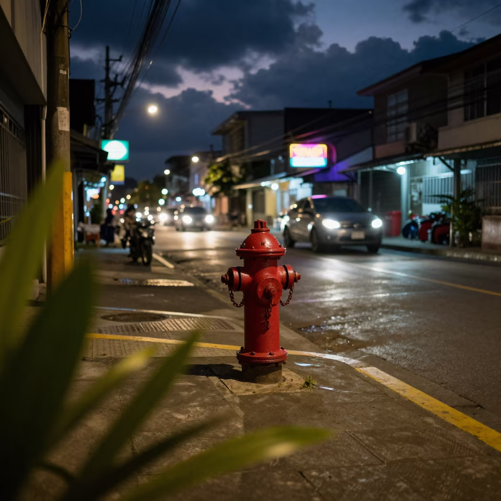 Neon Street Corner Iloilo Night Fire Hydrant in along a market-lined side street in Iloilo