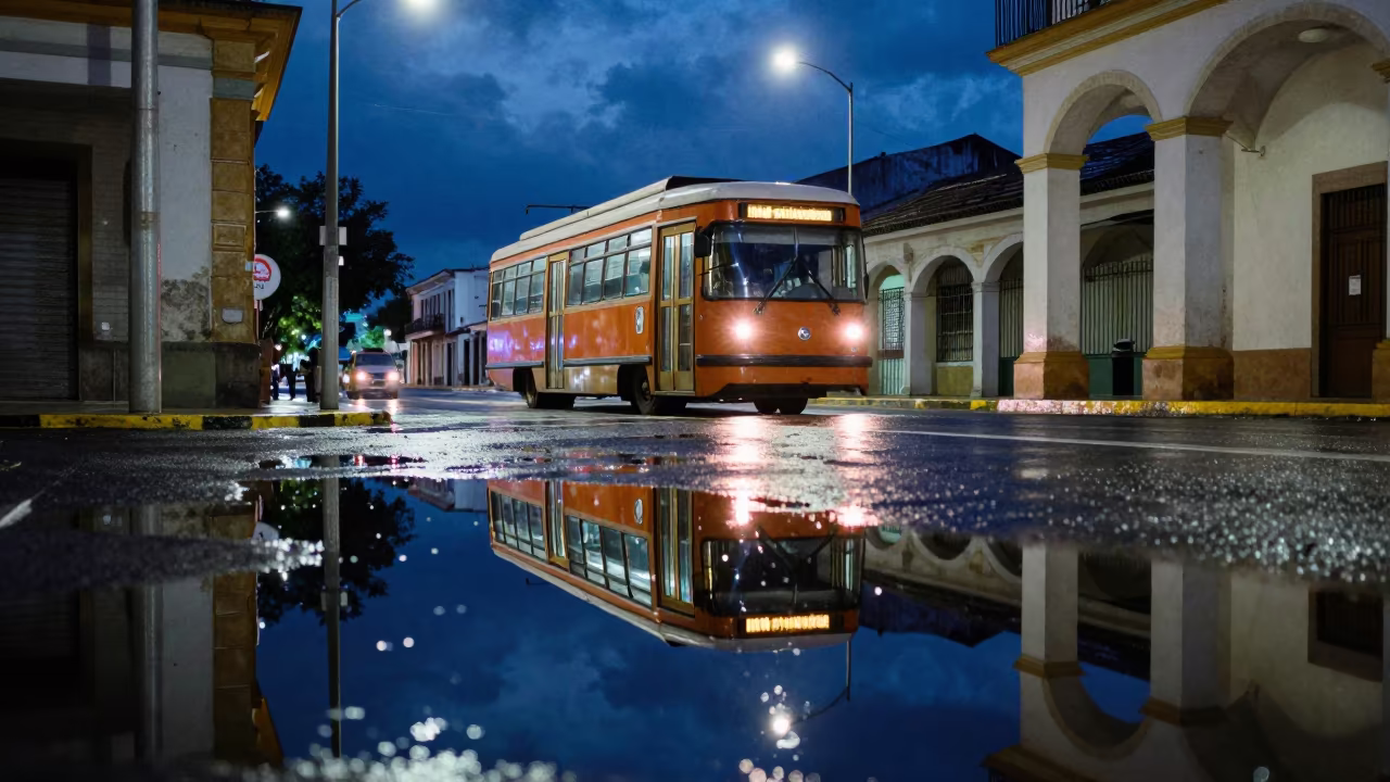 Neon Streetcar Reflection Puddle Villahermosa in along a shuttered arcade in Villahermosa