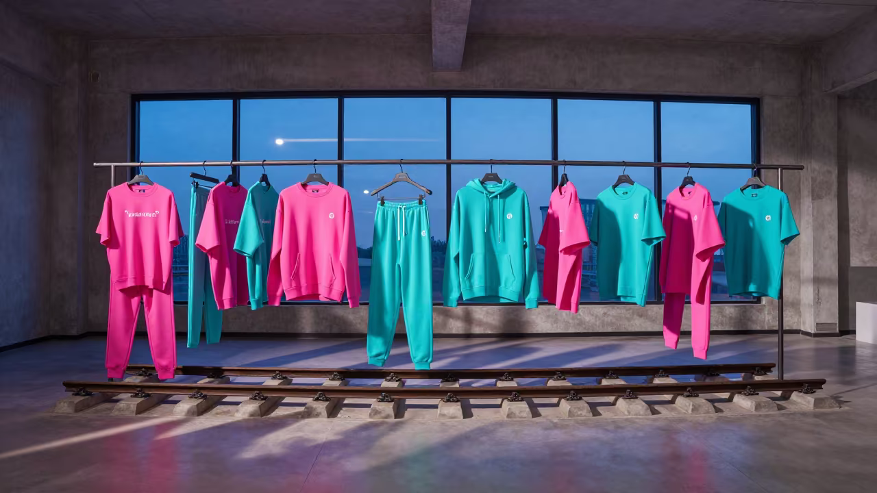 Neon Streetwear Layers in Nanning Showroom in inside a minimalist showroom in Nanning