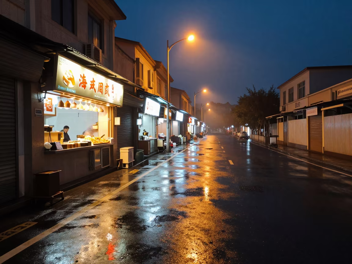 Neon Sushi Bar Reflections on Wet Xiamen Street in along a market-lined side street in Xiamen
