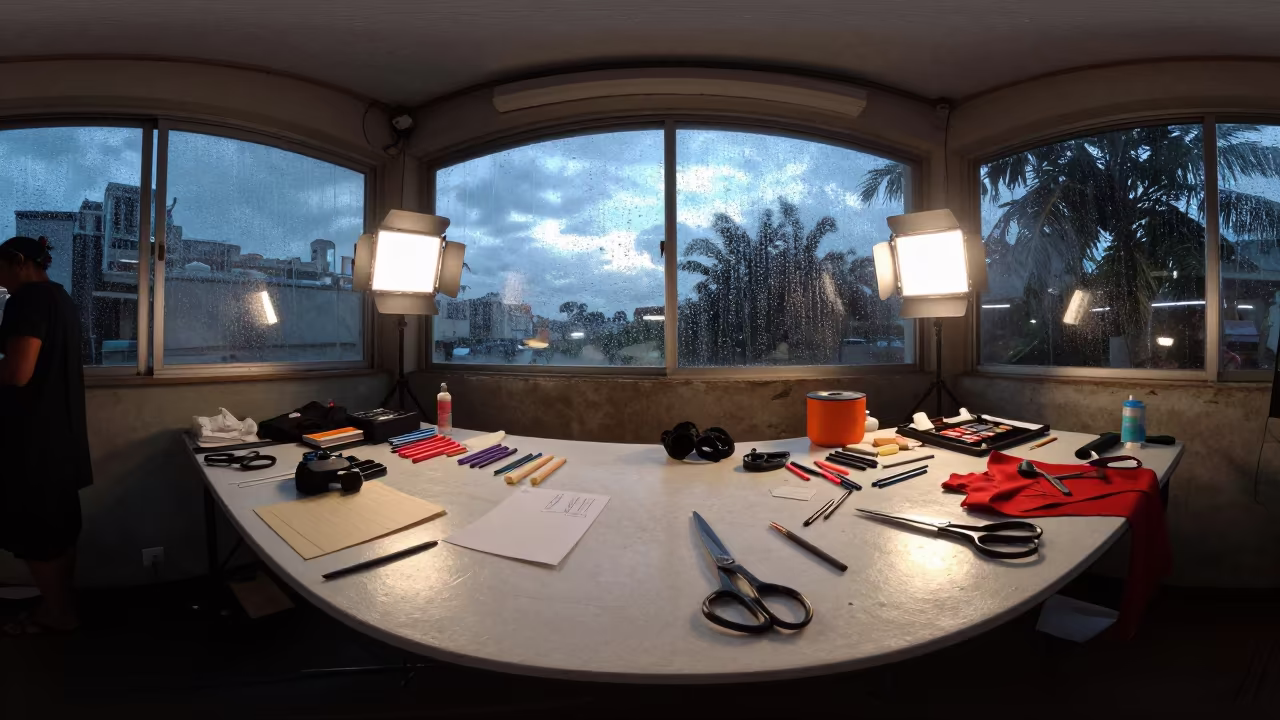 Neon Tailoring Table Before Dawn in Nellore in at a tailoring table strewn with chalk and shears in Nellore