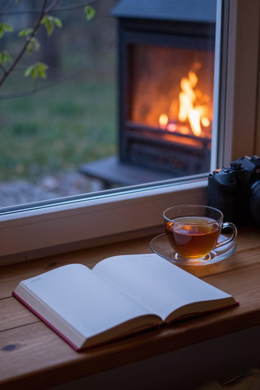 Neon Tea Journal on Windowseat Night in by a crackling fireplace in Rybnik