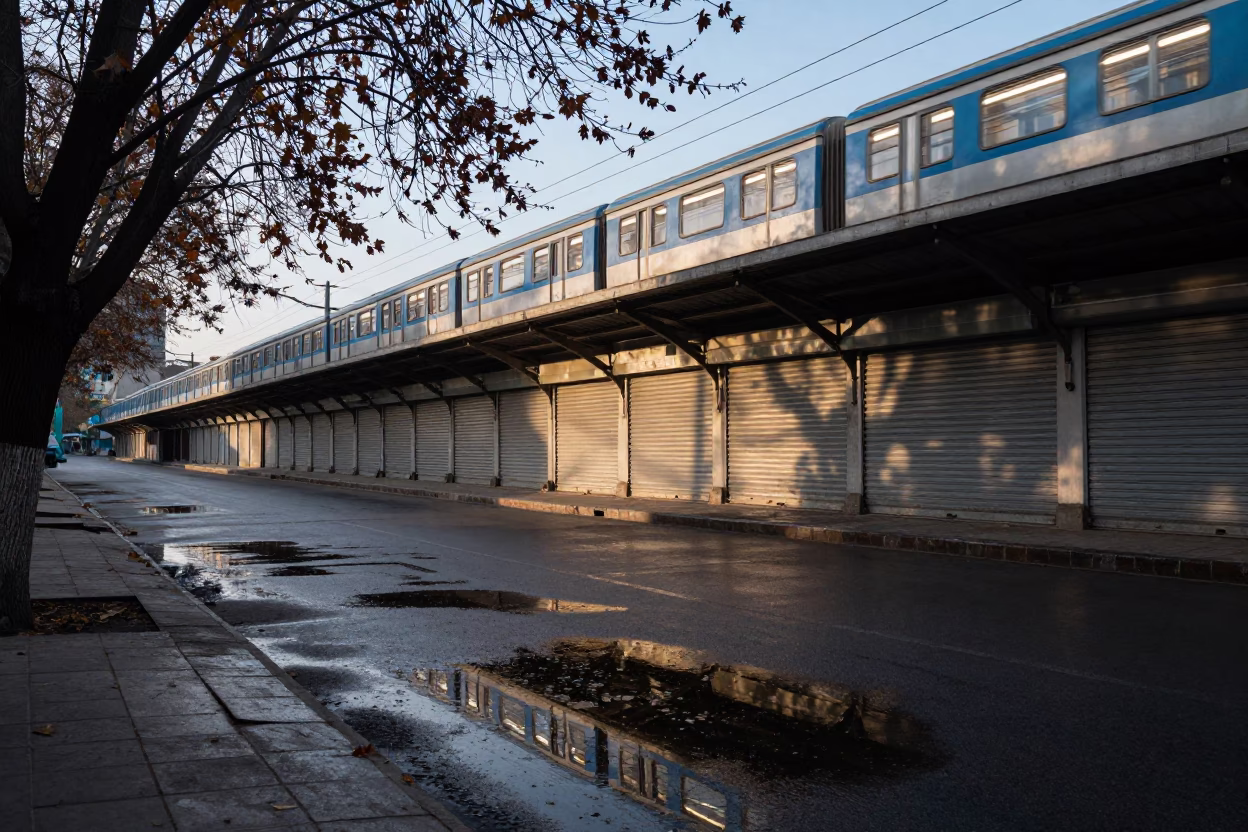 Neon Train Reflection in Kabul Puddle in along a shuttered arcade in Kabul