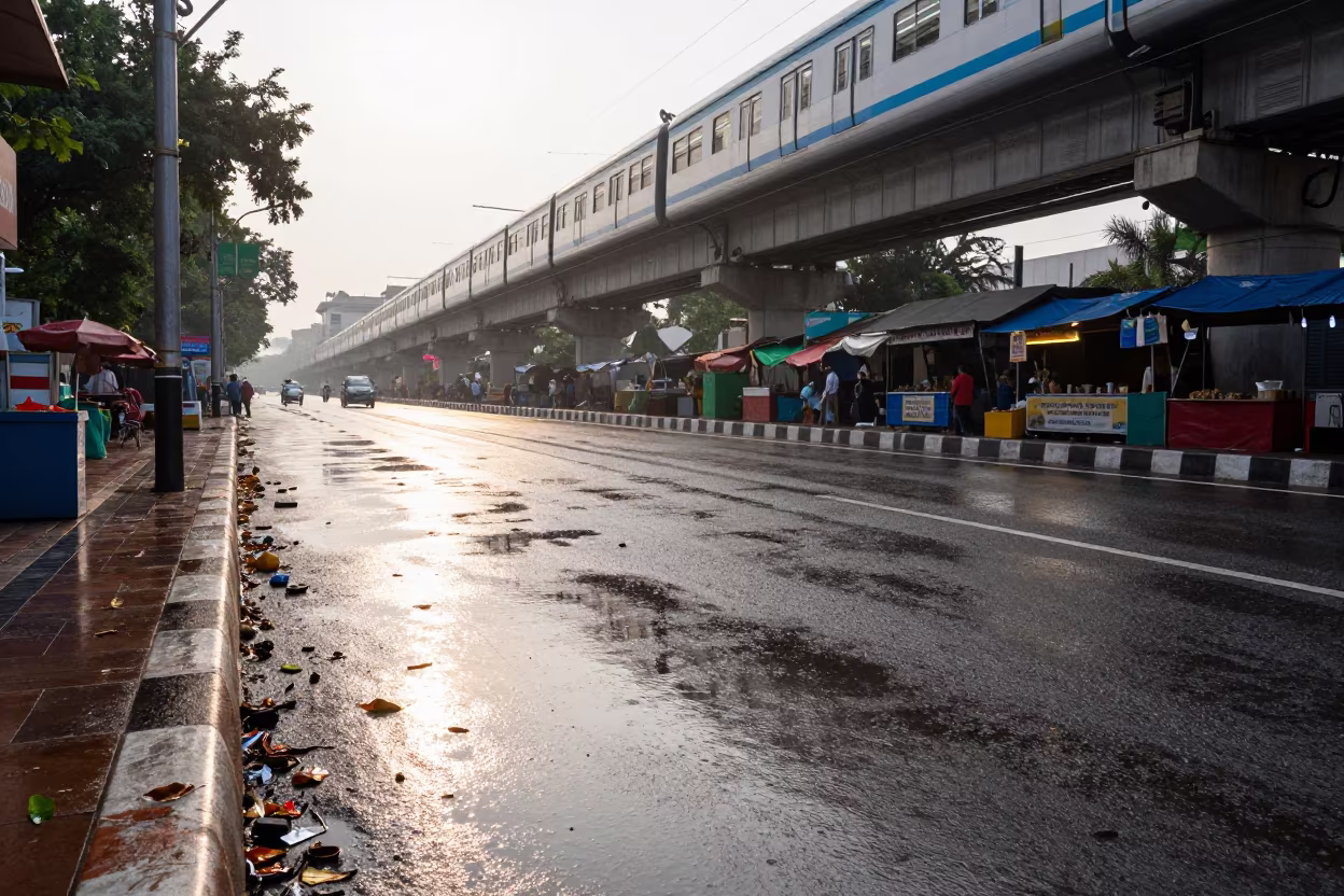 Neon Train Reflection in Monsoon Puddle Ratlam Street in along a market-lined side street in Ratlam