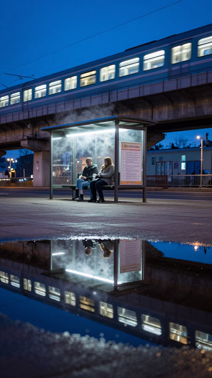 Neon Train Reflection in Puddle Near Novosibirsk Shelter in beside a steamed-up bus shelter in Novosibirsk