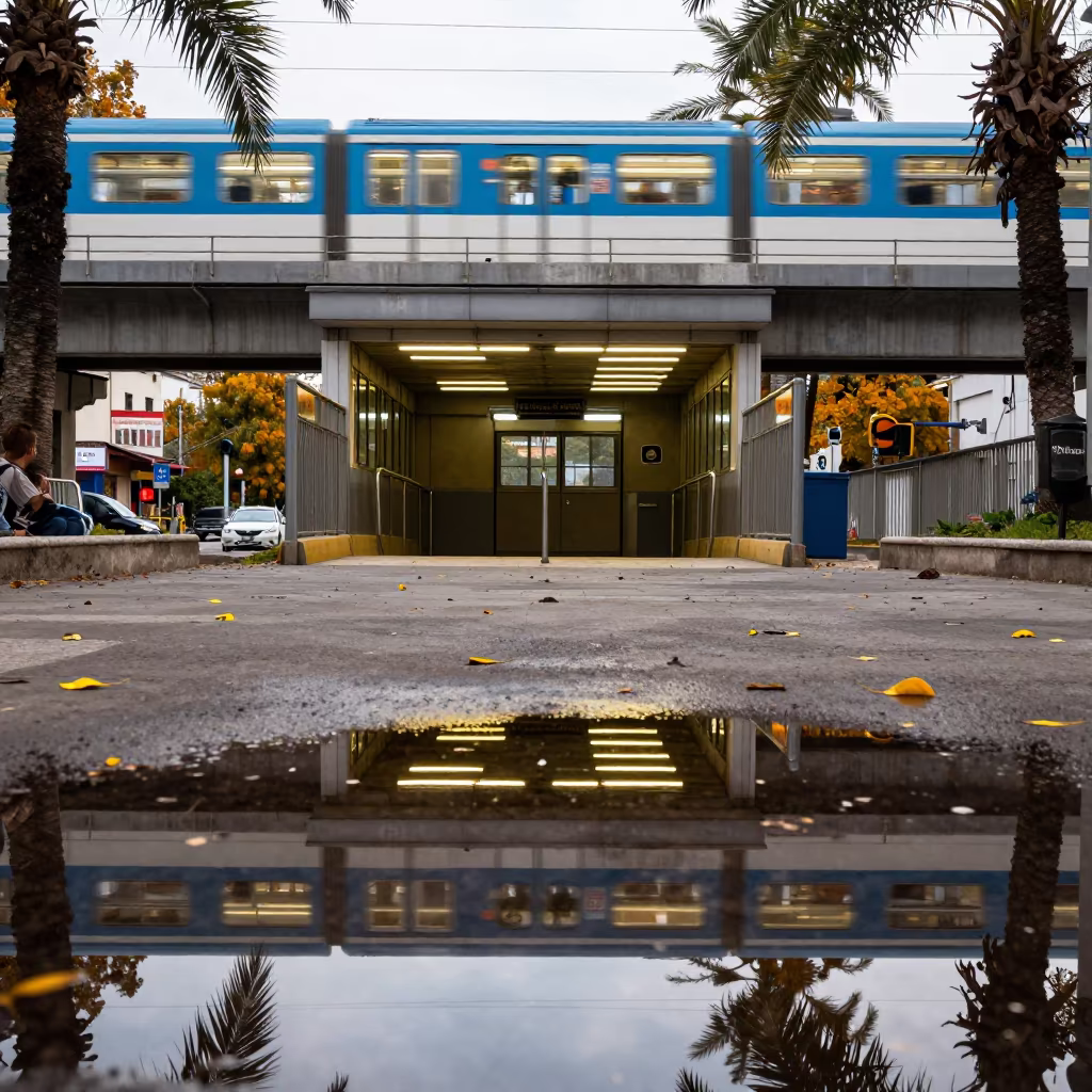 Neon Train Reflection in Puddle Pristina in outside a metro entrance in Pristina