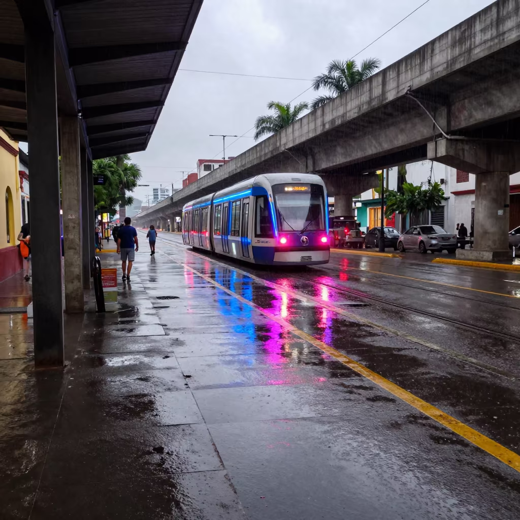 Neon Train Reflection Puddle Puebla Rain in at a tram stop in Puebla
