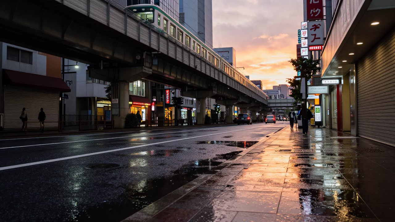 Neon Train Reflection in Tokyo Puddle in along a shuttered arcade in Tokyo