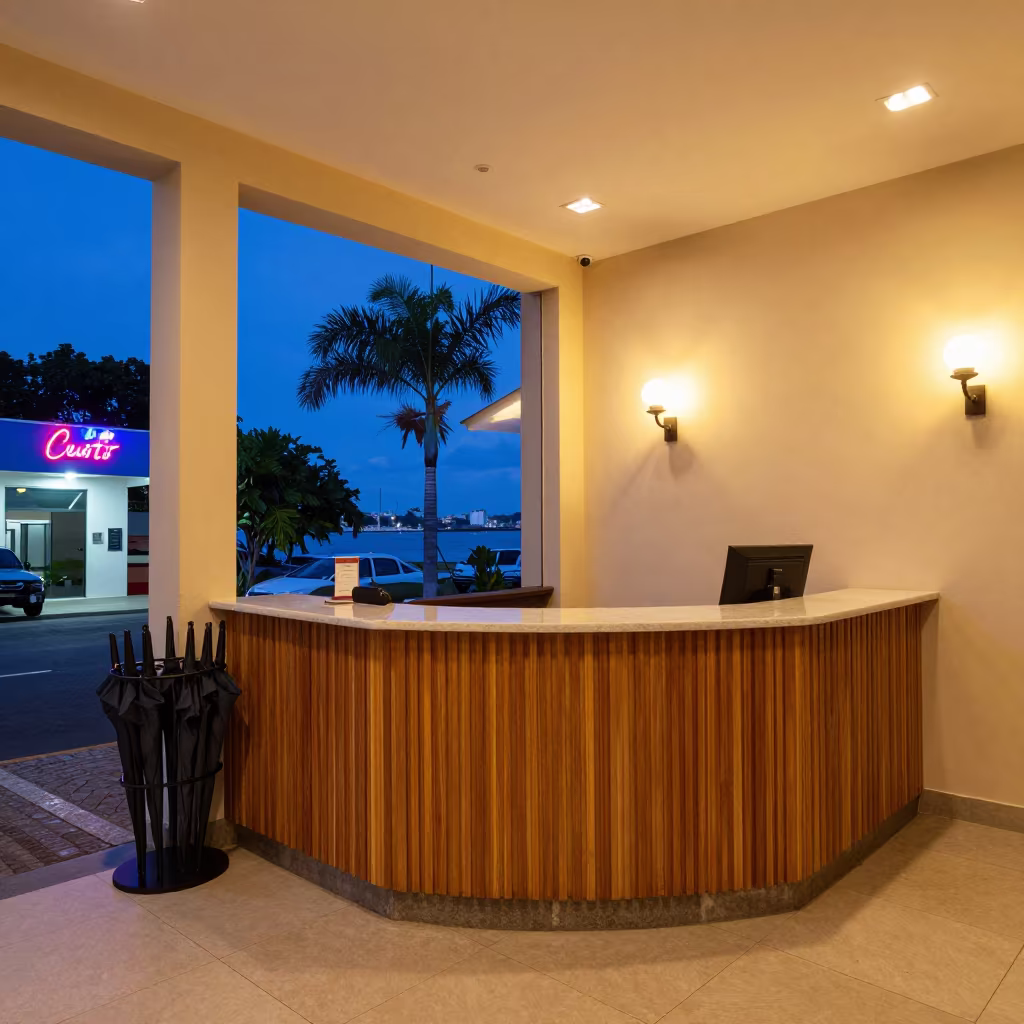 Neon Reflected Umbrella Rack at Salvador Reception Desk in at a reception desk under warm light in Salvador