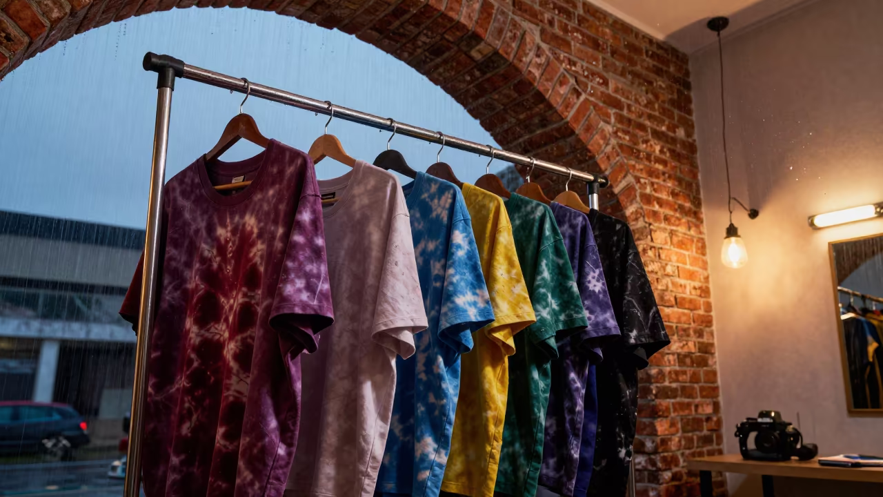 Neon Water Droplets Over Dye-Racked Streetwear in inside a couture atelier near Pointe-Noire