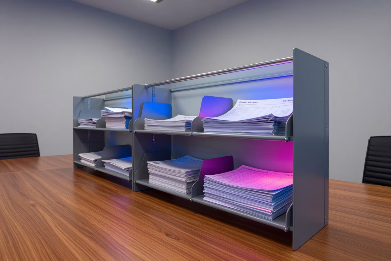 Neon Waybill Shelf Before Late Meeting in at a boardroom table before a meeting in London