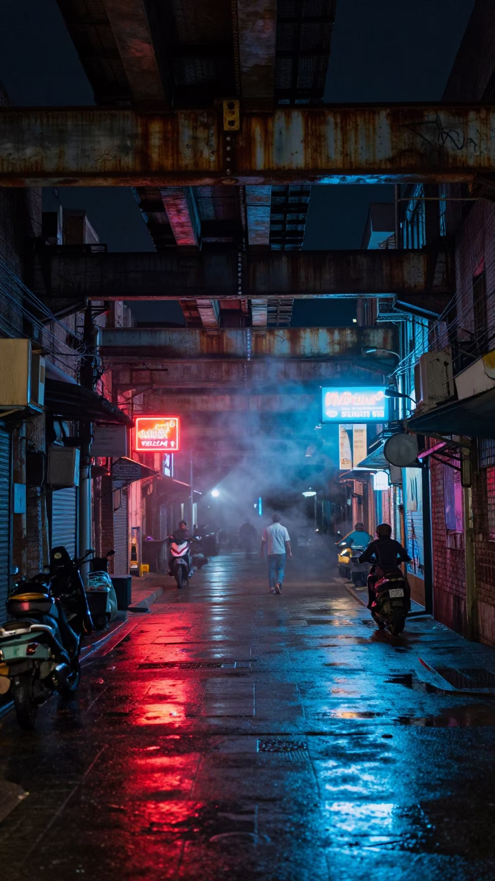 Neon Wet Alley Under Hyderabad Train Tracks in under an elevated train line in Hyderabad