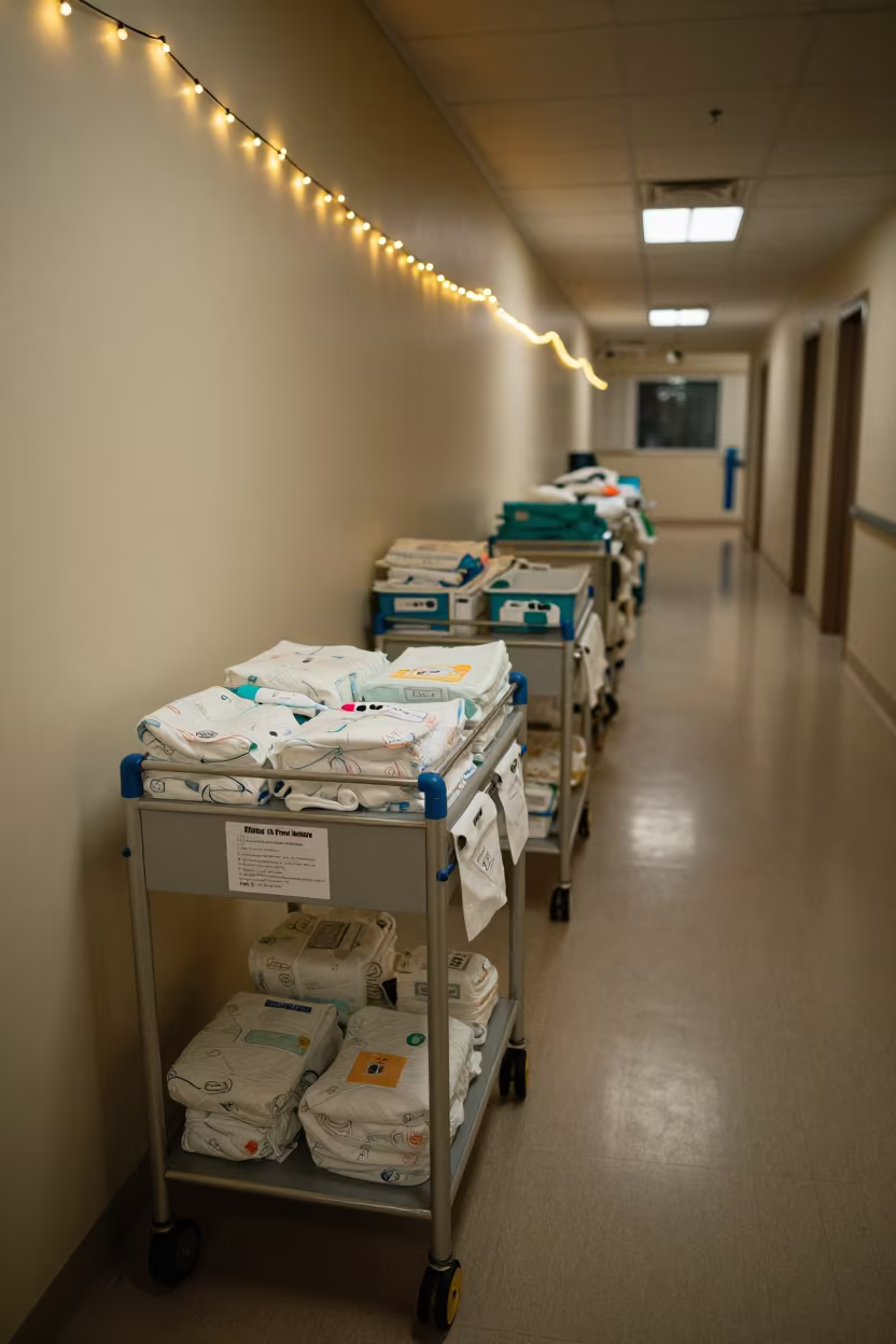Neonatal Cart in Chiclayo Night with String Lights in inside a prep corridor with organized storage in Chiclayo