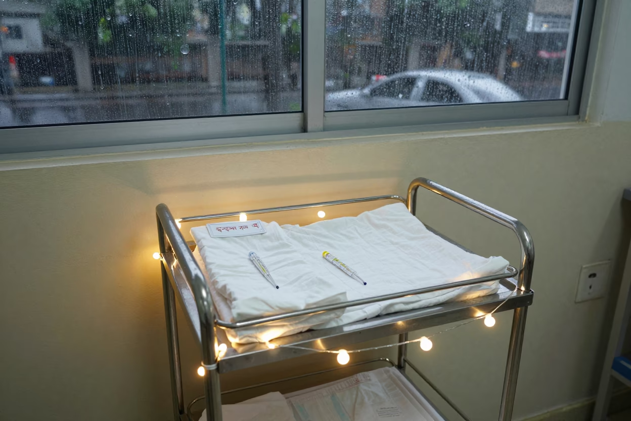 Neonatal Cart in Chittagong Maternity Ward in along a linen cart bay outside treatment rooms in Chittagong