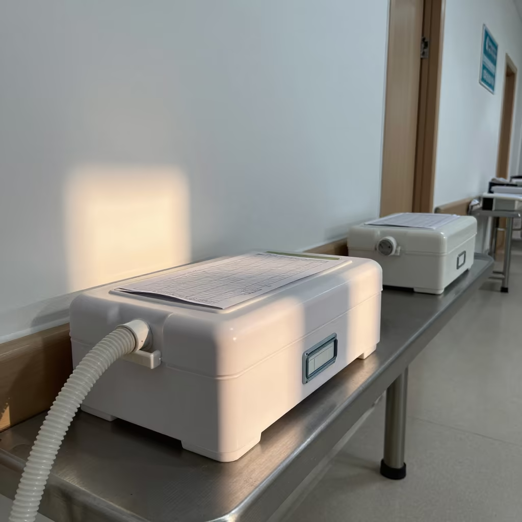 Neonatal Heel Warmer in Vientiane Hospital in inside a hospital corridor in Vientiane